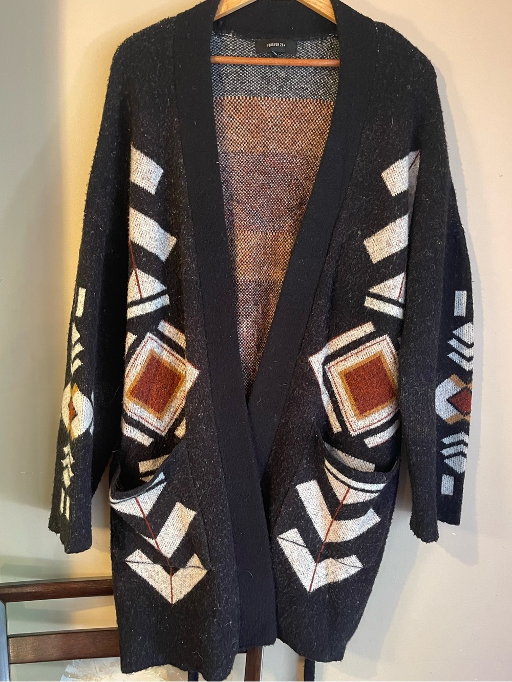Forever 21+ Black Aztec Southwestern Tribal Belted Longline Cardigan Sweater